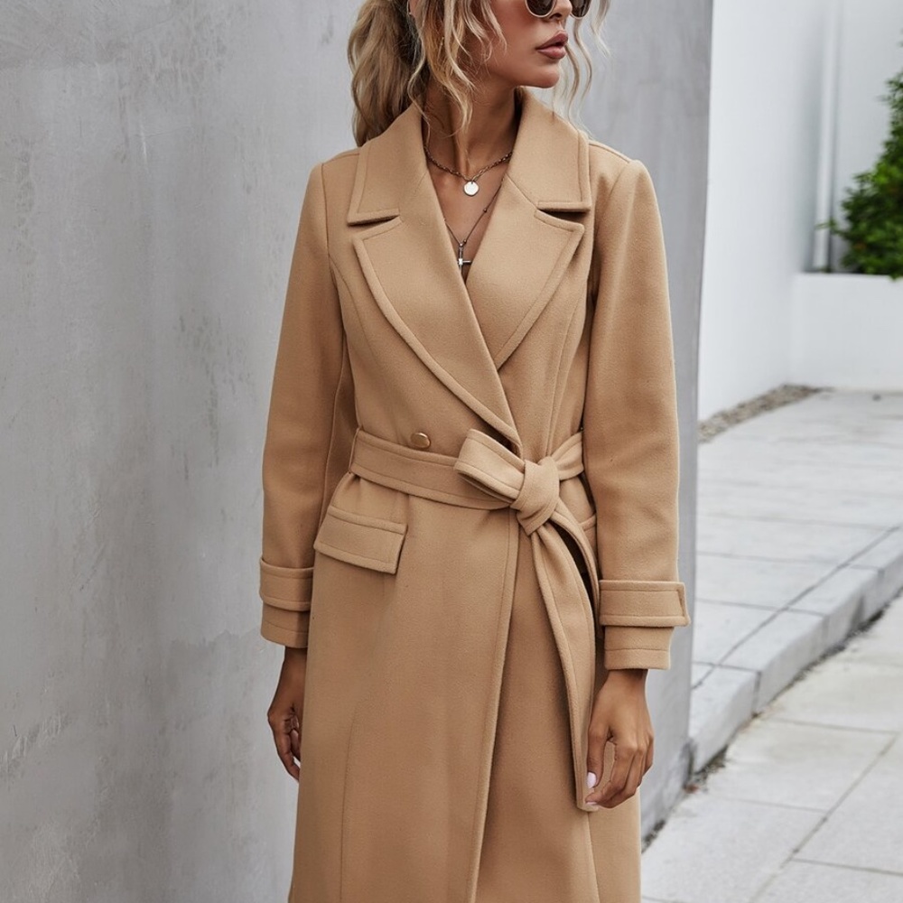 Camel Trench Coat Double Breast Buttons Work - Picture 2 of 6
